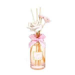 180 ml Pembe Cam Şişe Çiçek Seramik Taş Bambu Çubuklu White Rose Oda Kokusu