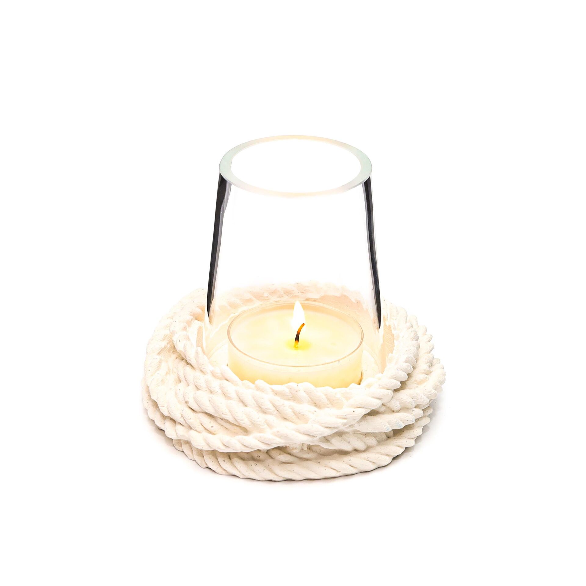 Marin Ekru Halat Seramik Taşlı Cam Mumluk ve Tealight Seti