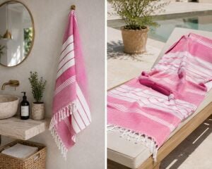 Pembe Beyaz Şeritleri Yıkanmış Pamuk Peştemal