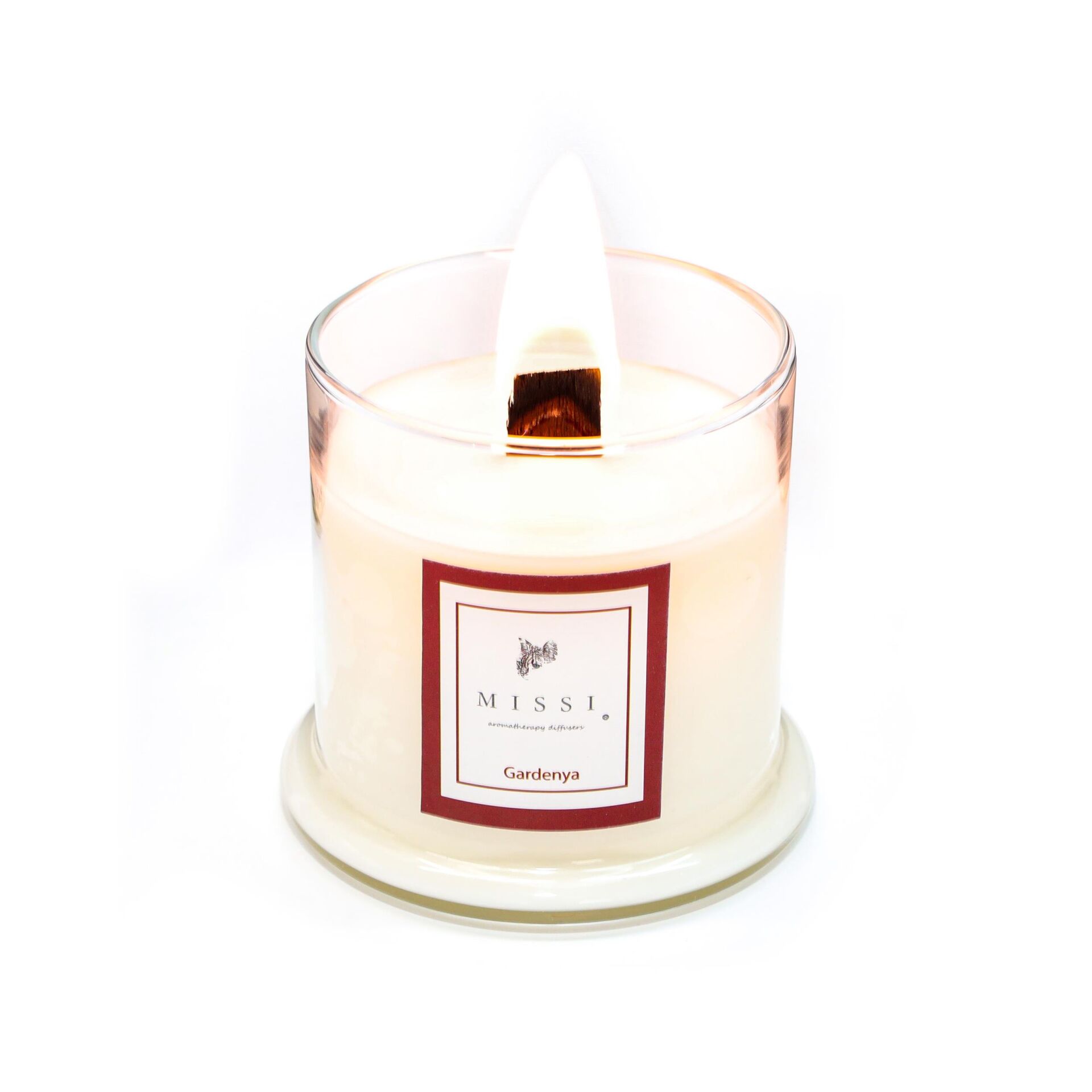 Üfleme Cam Ahşap Fitilli Gardenya Kokulu Vegan Mum (140 gr)