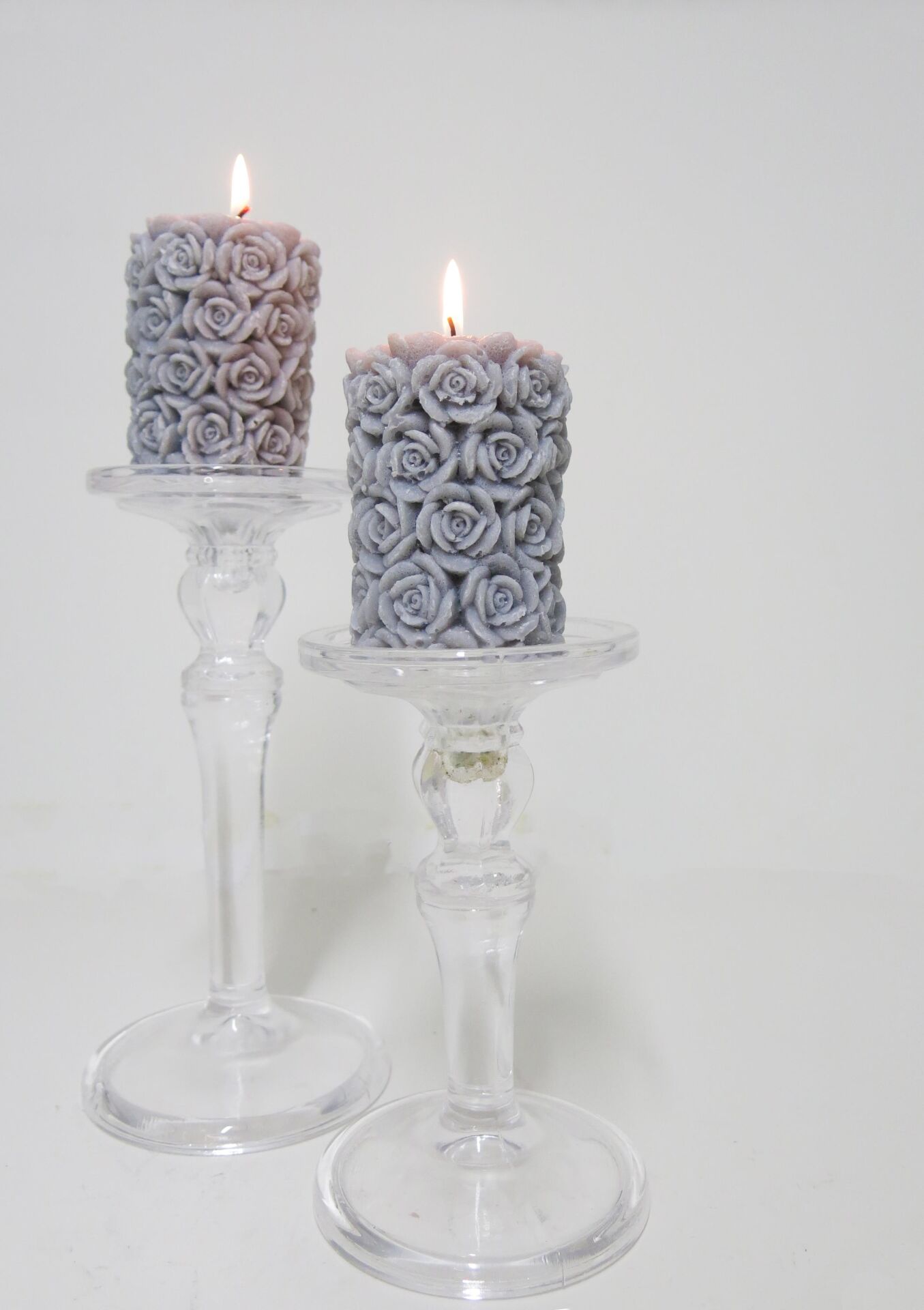 2li Gri Gül Kabartmalı 7X8 Mum Seti
