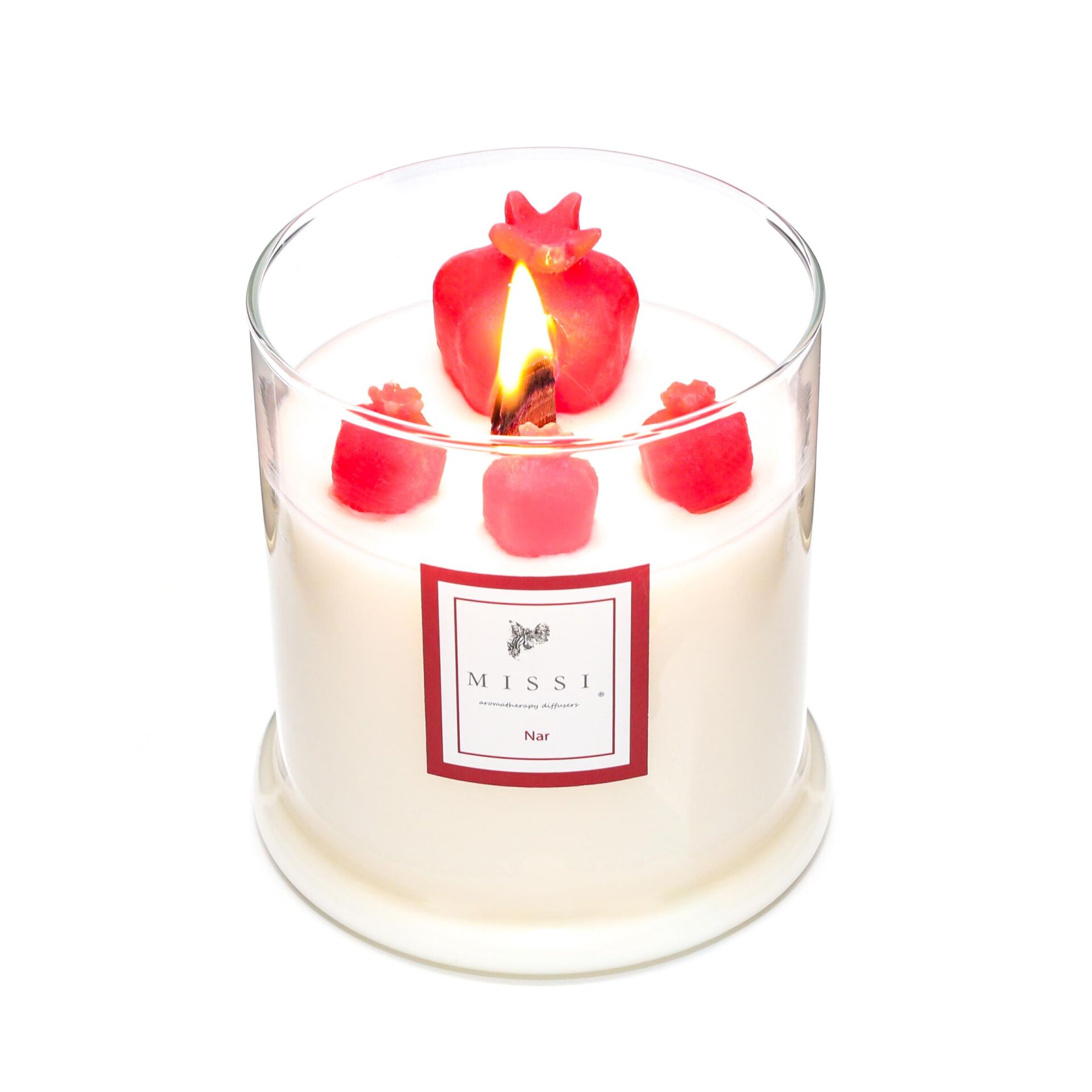 Büyük Üfleme Cam Ahşap Fitilli Nar Vegan Mum (380 gr)