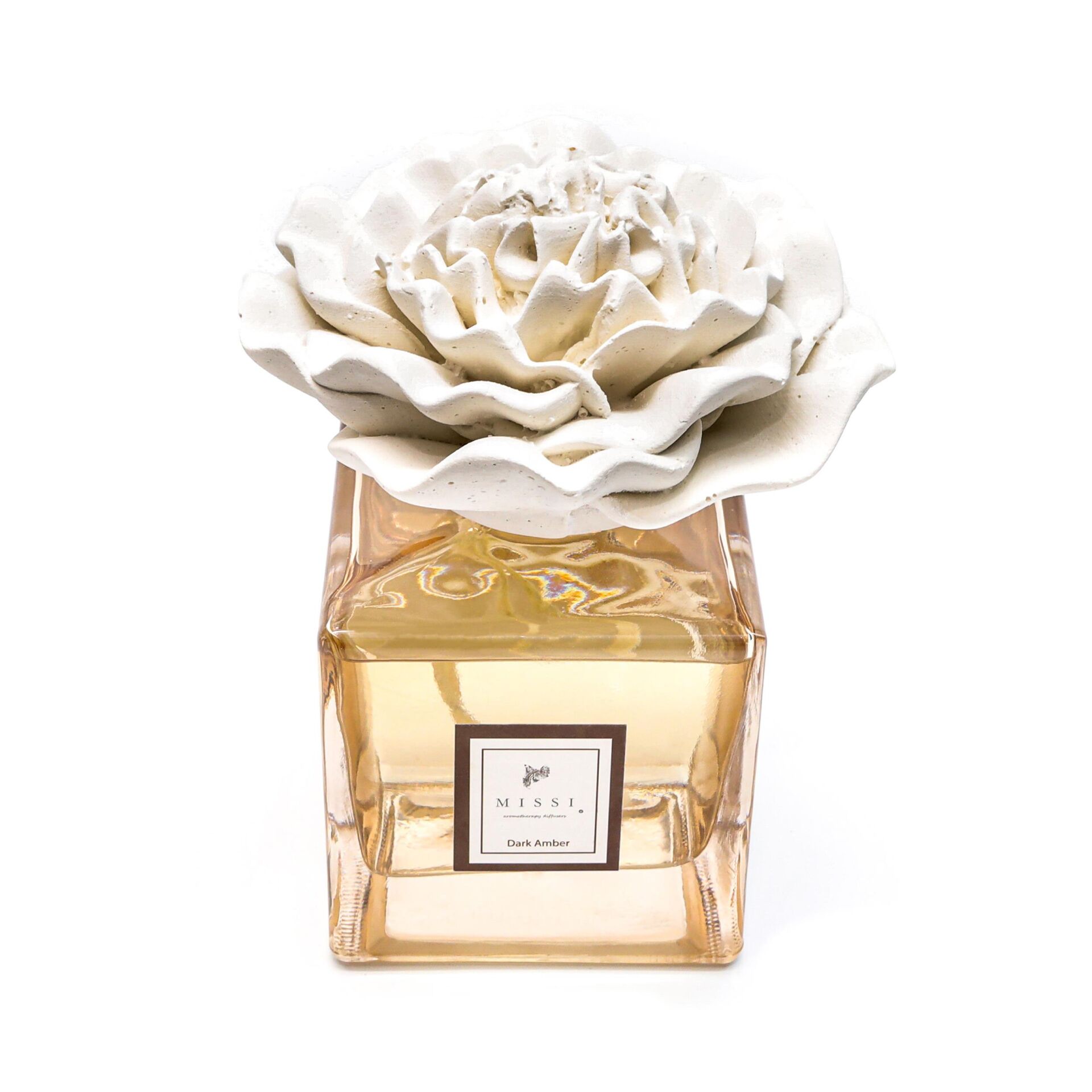 500 ml Kare Amber Şişe Çiçek Seramik Taşlı Dark Amber Oda Kokusu