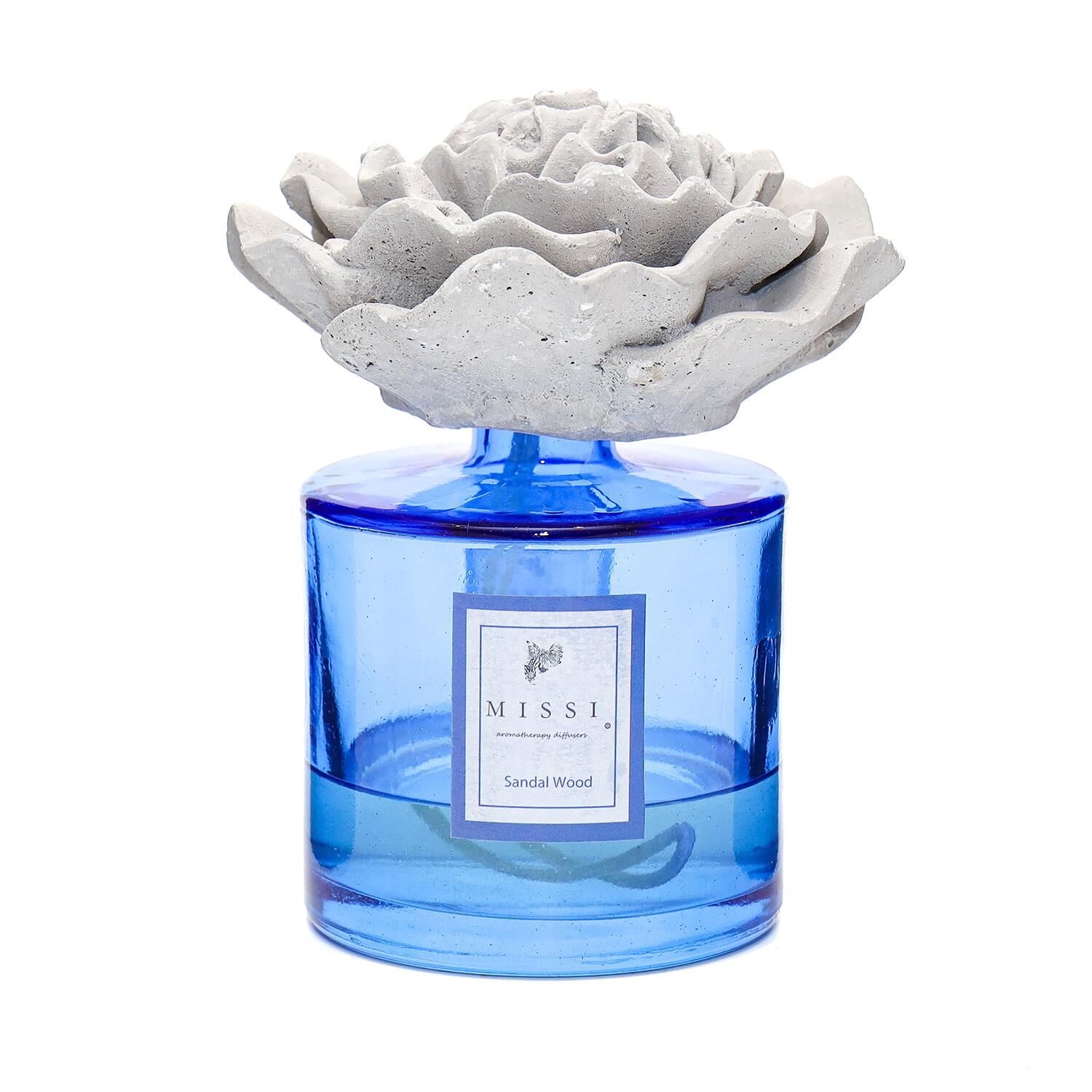 500 ml Mavi Silindir Şişe Gri Çiçek Taşlı Sandal Wood Oda Kokusu