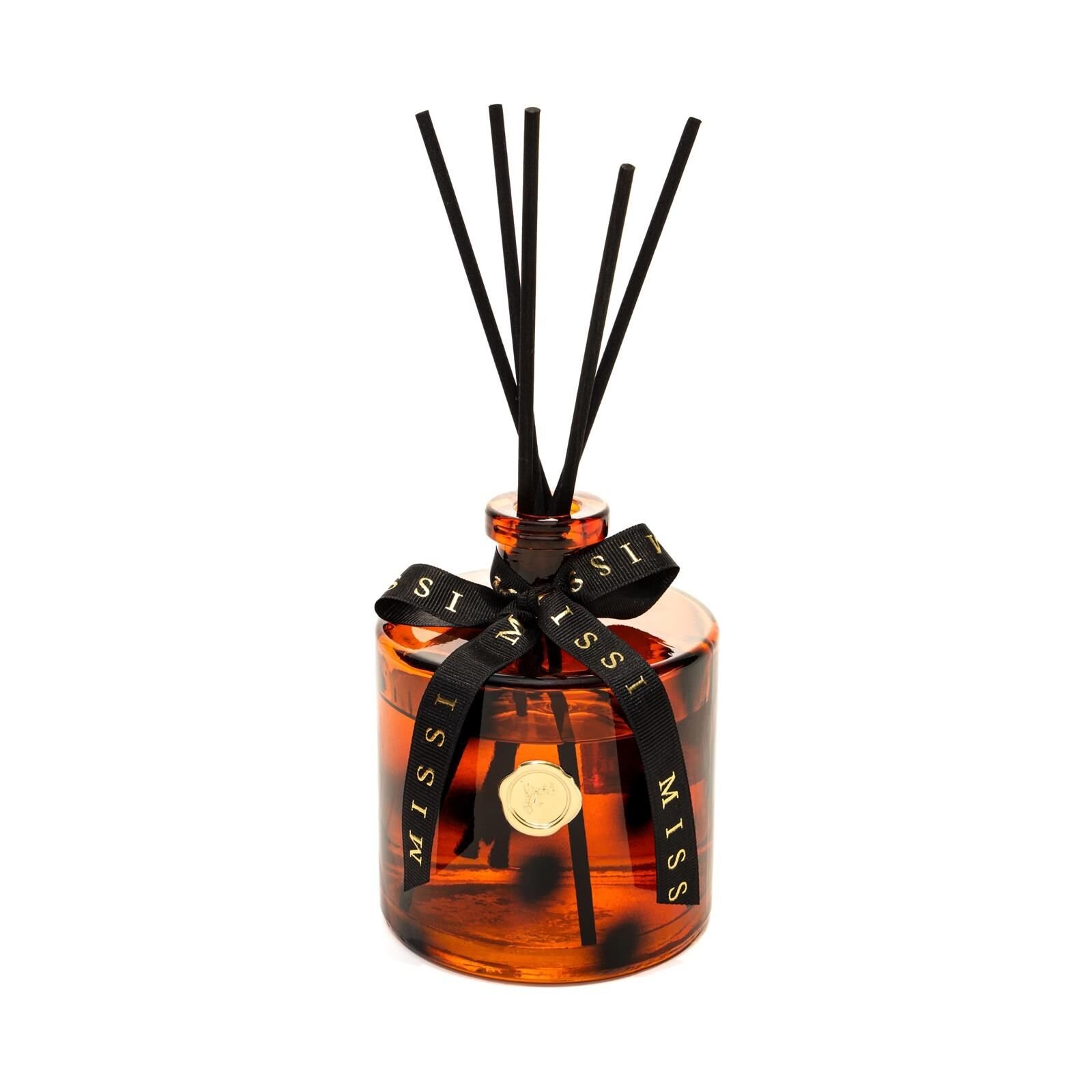 500 ml Kahverengi Leopar Desenli Cam Şişe Siyah Bambu Çubuklu Vanilya Sandal Oda Kokusu