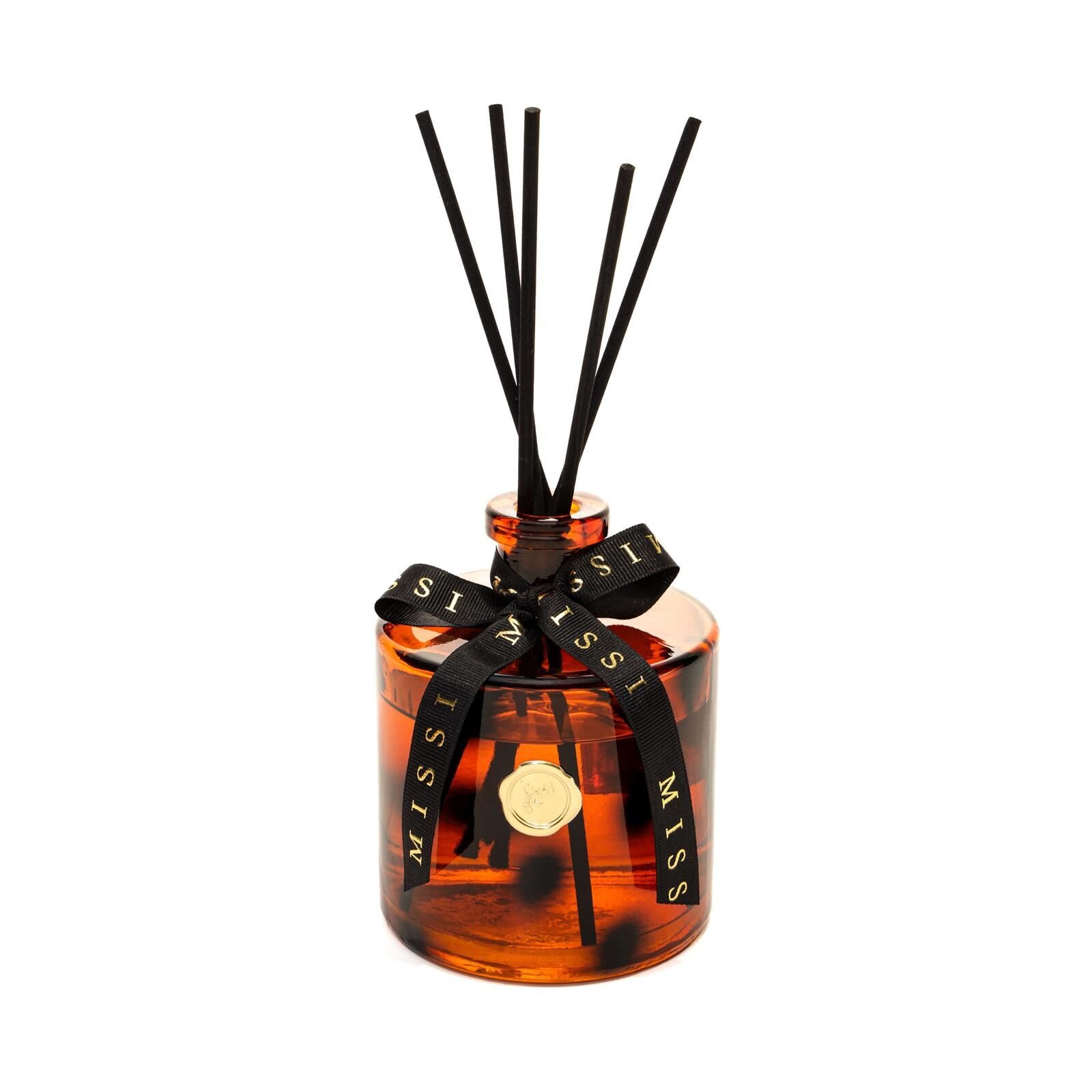 500 ml Kahverengi Leopar Desenli Cam Şişe Siyah Bambu Çubuklu Vanilya Sandal Oda Kokusu