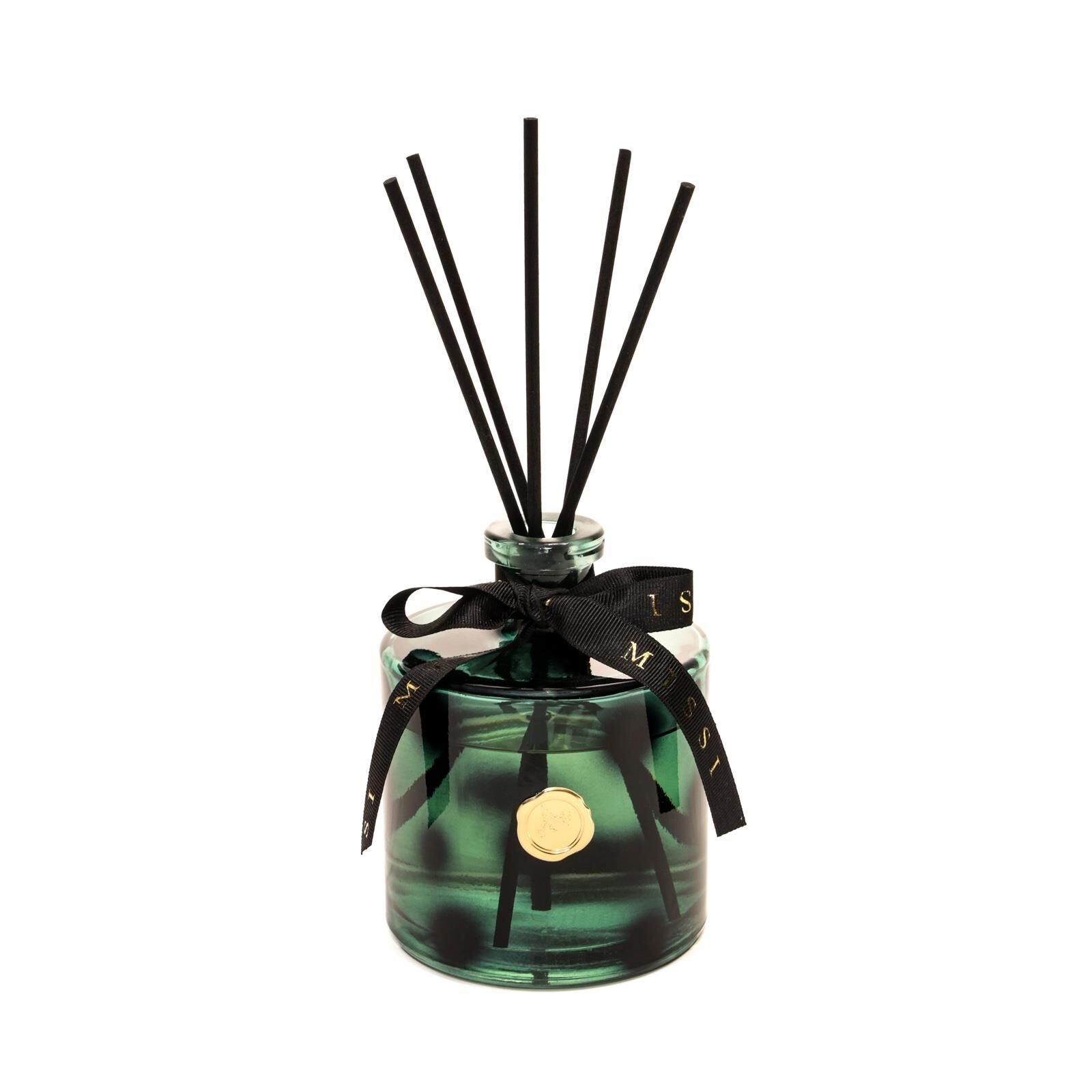 500 ml Yeşil Leopar Desenli Cam Şişe Siyah Bambu Çubuklu Yasemin Sandal Oda Kokusu