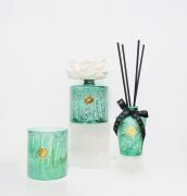 Yeşil Batik Desenli Cam Bardak Mumluk ve Tealight Seti