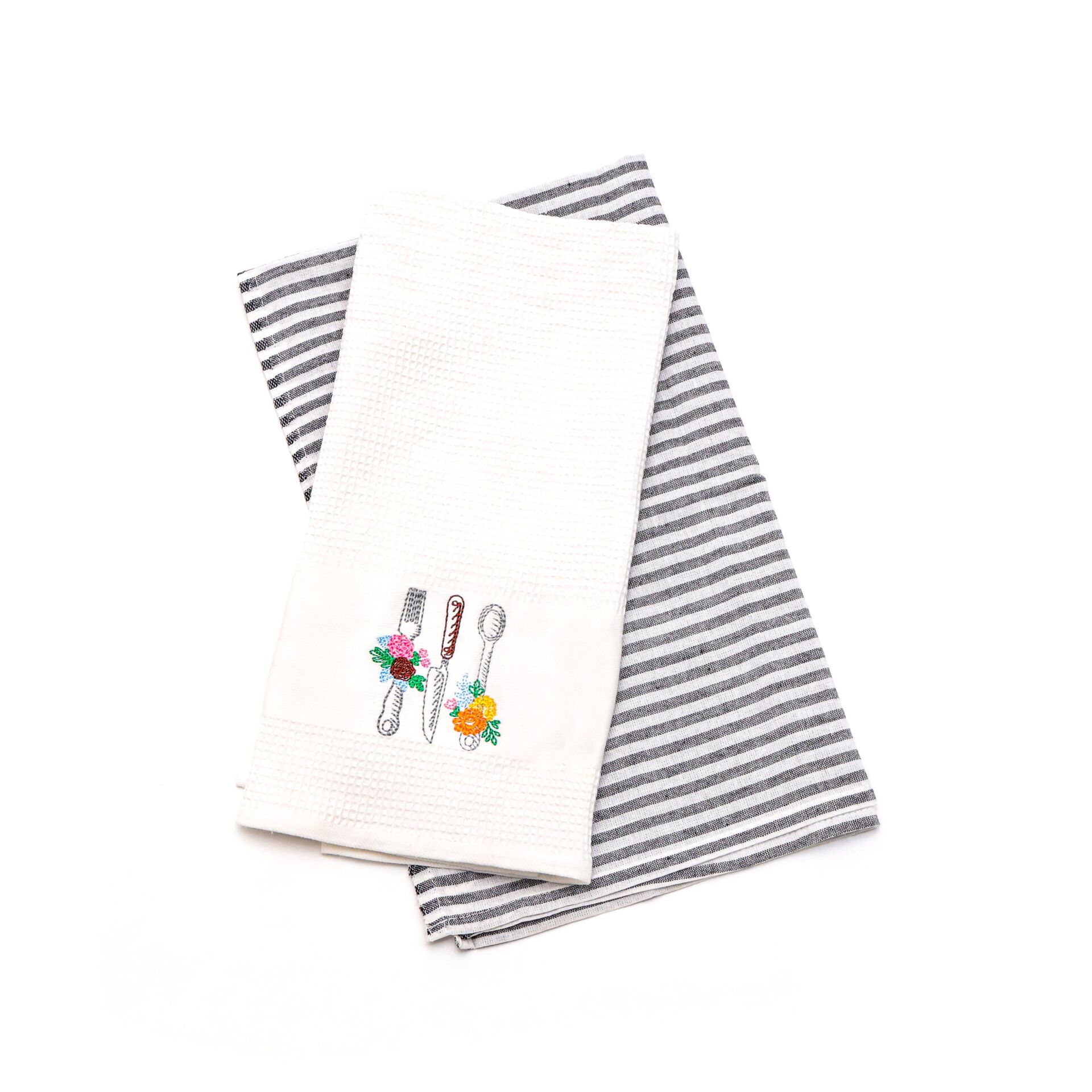 2'li Büyük Çatal-bıçak-kaşık Nakışlı Pamuk Kurulama Bezi