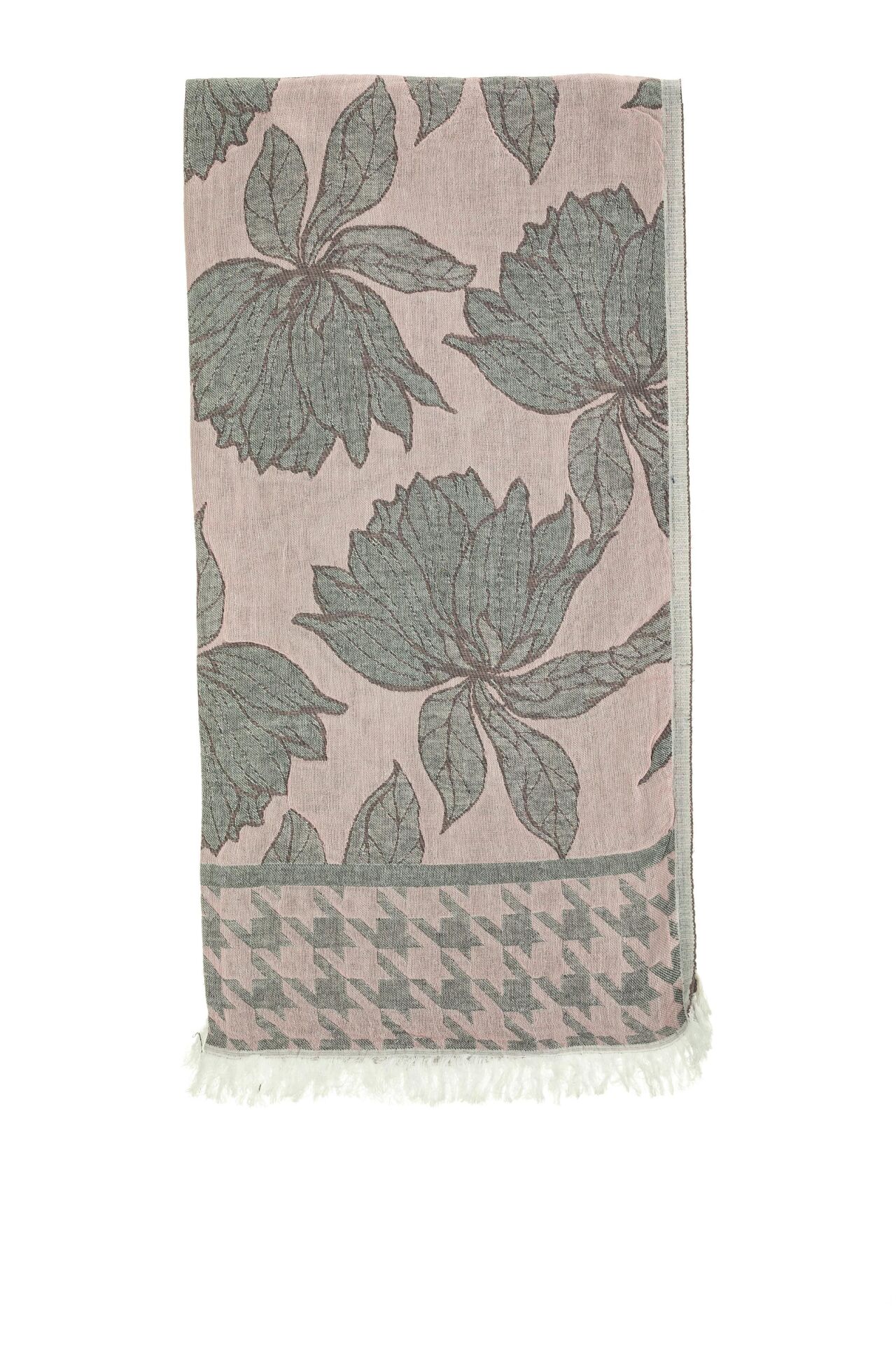 Bej-Yeşil Nilüfer Desen Jakarlı Doubleface Pamuk Peştemal