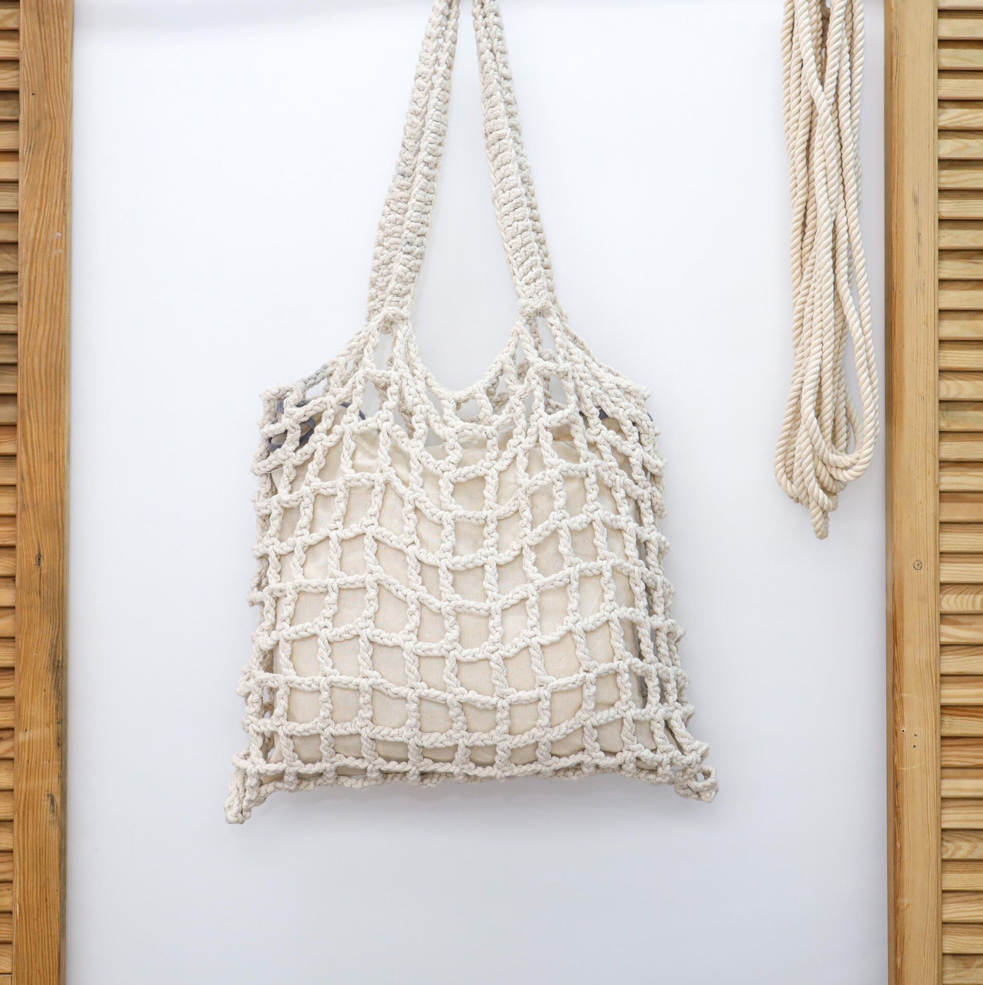 Ekru Astarlı Özel El Örgüsü Plaj/Alışveriş Çantası