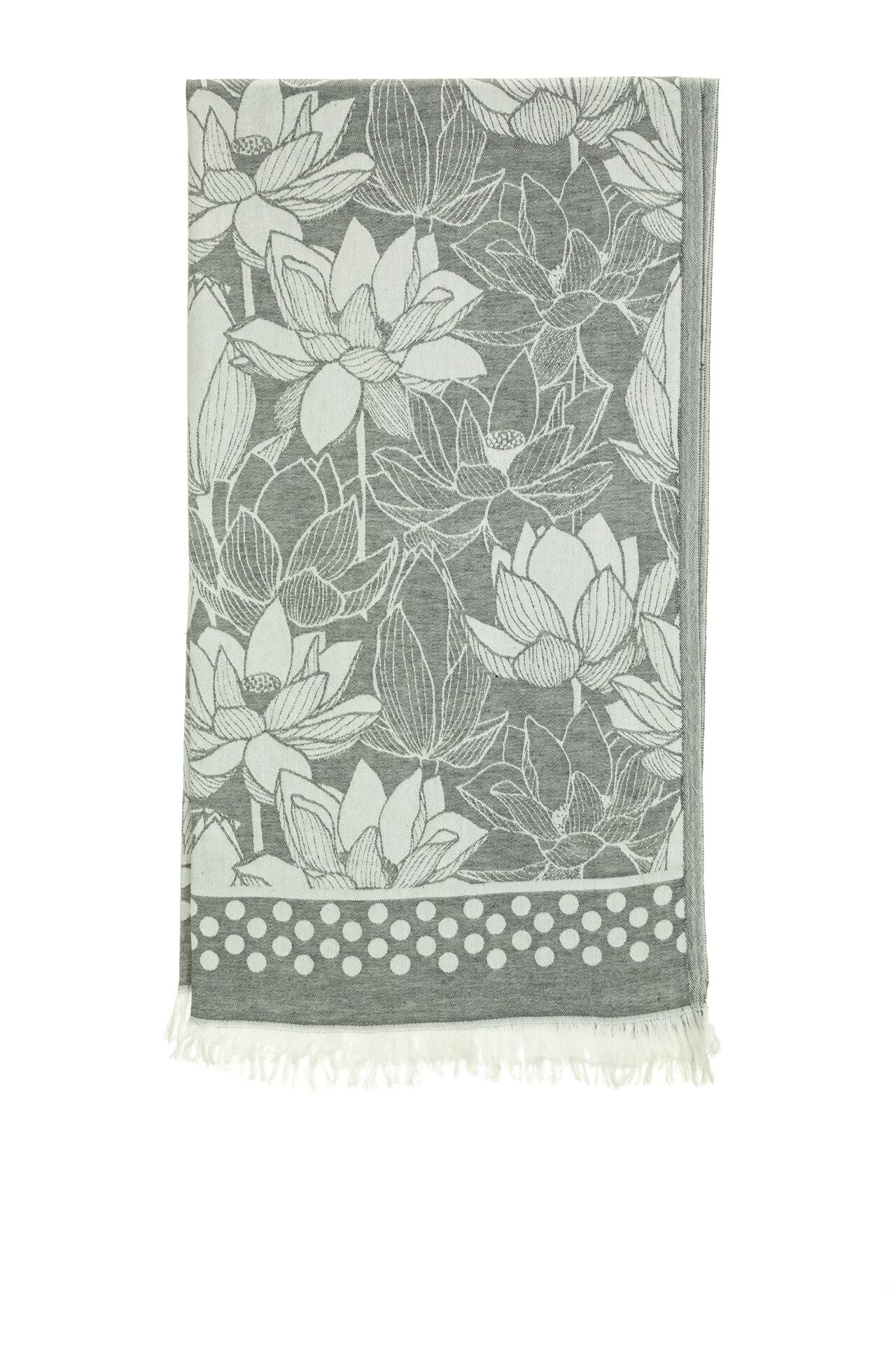 Gri Nilüfer Desen Jakarlı Pamuk Peştemal