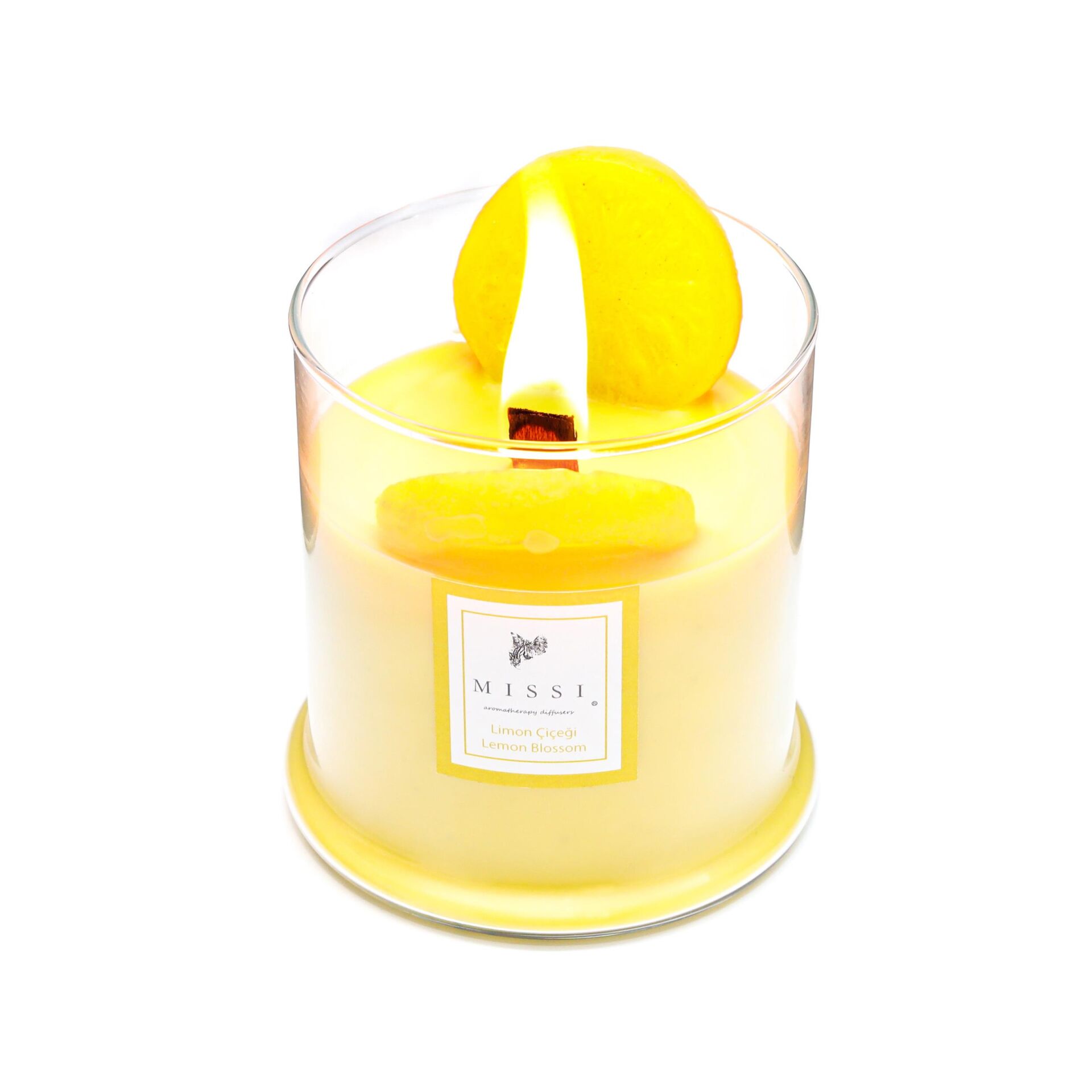 Büyük Üfleme Cam Ahşap Fitilli Limon Çiçeği Vegan Mum (380 gr)