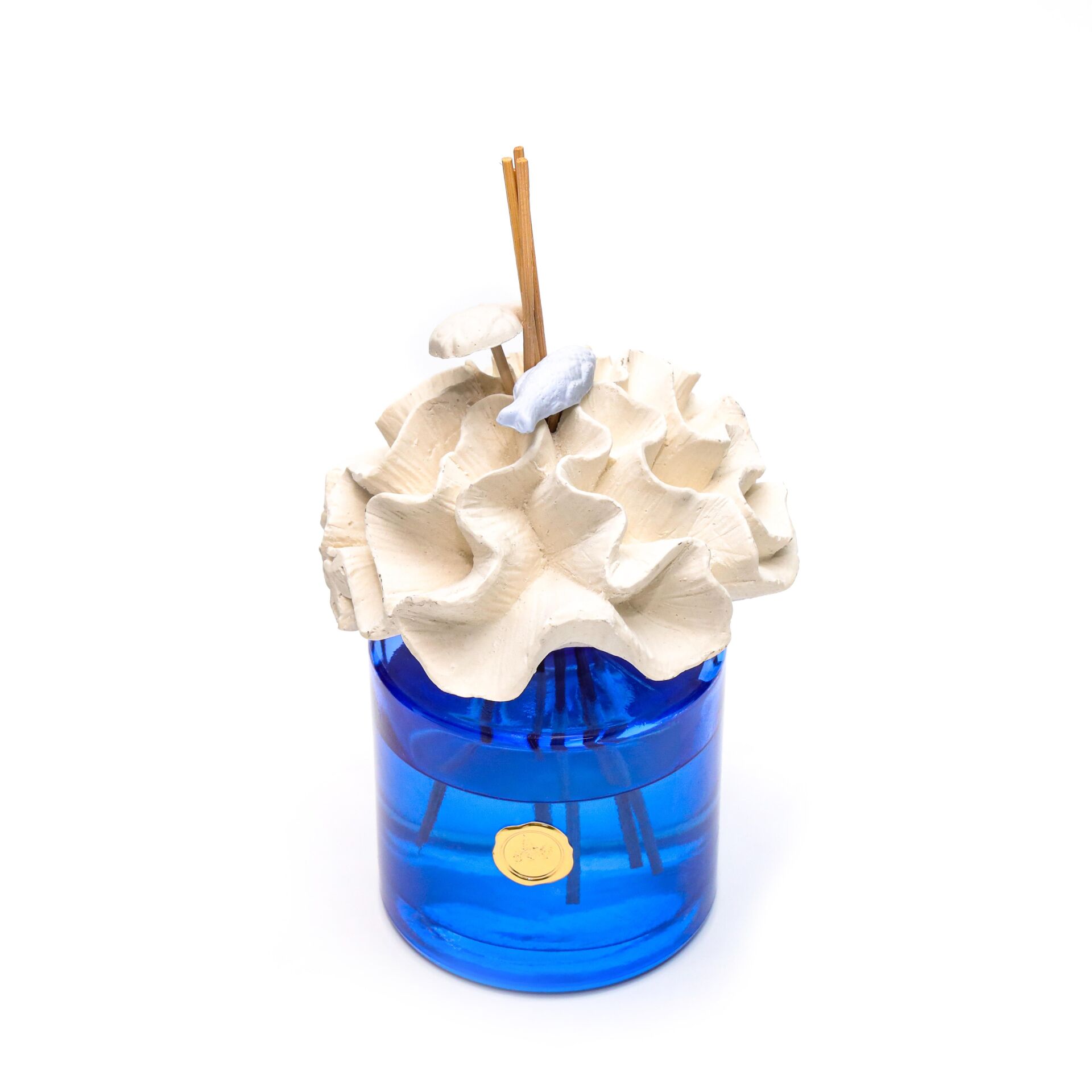 500 ml Mavi Cam Şişe Mercan Seramik Taşlı Bambu Çubuklu Aqua Mediterian Oda Kokusu