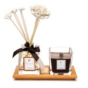 Masif Ahşap Tepsili Dark Amber Oda Kokusu ve Mum Seti