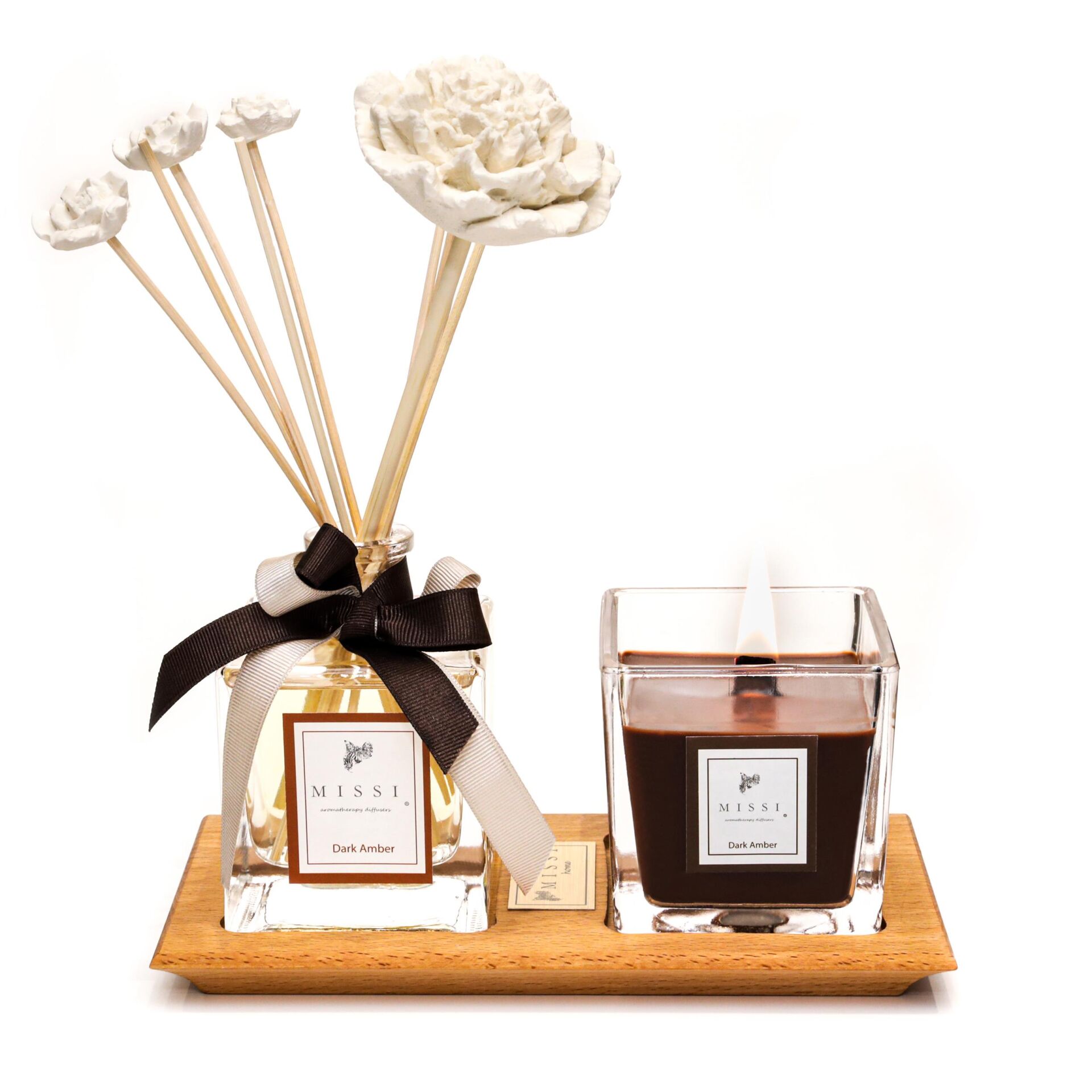 Masif Ahşap Tepsili Dark Amber Oda Kokusu ve Mum Seti