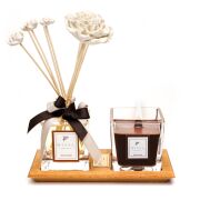 Masif Ahşap Tepsili Dark Amber Oda Kokusu ve Mum Seti