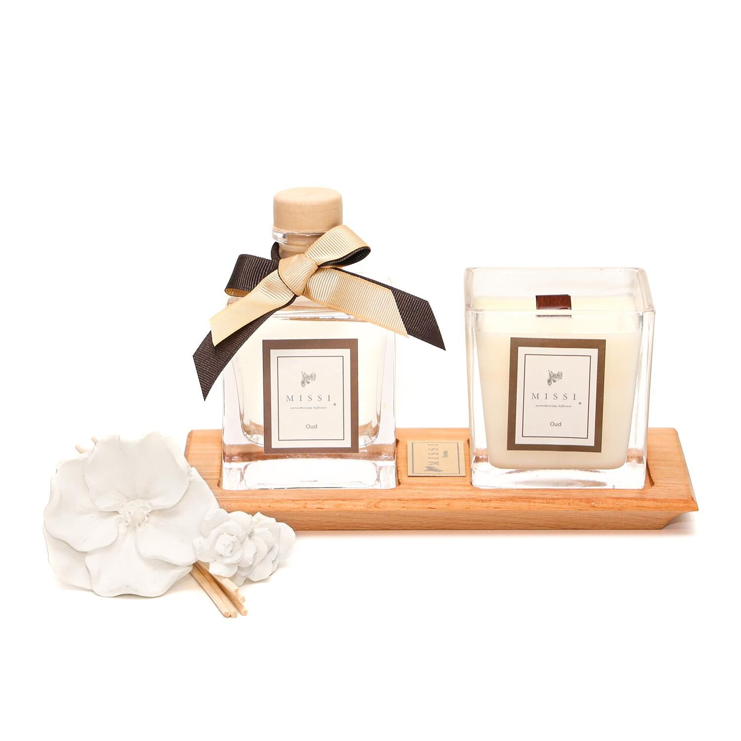 Masif Ahşap Tepsili Oud Oda Kokusu ve Mum Seti