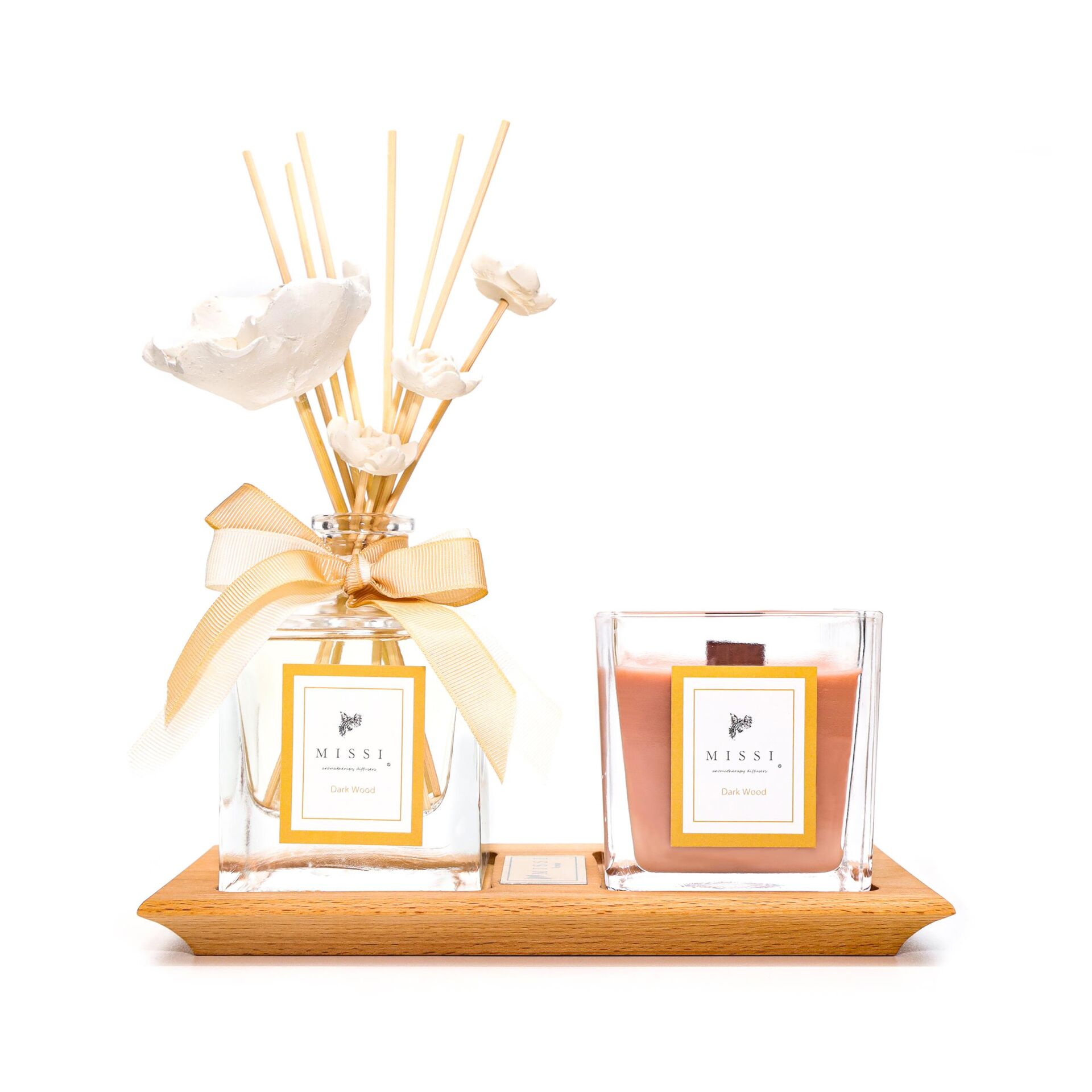 Masif Ahşap Tepsili Dark Wood Oda Kokusu Ve Vegan Mum Seti