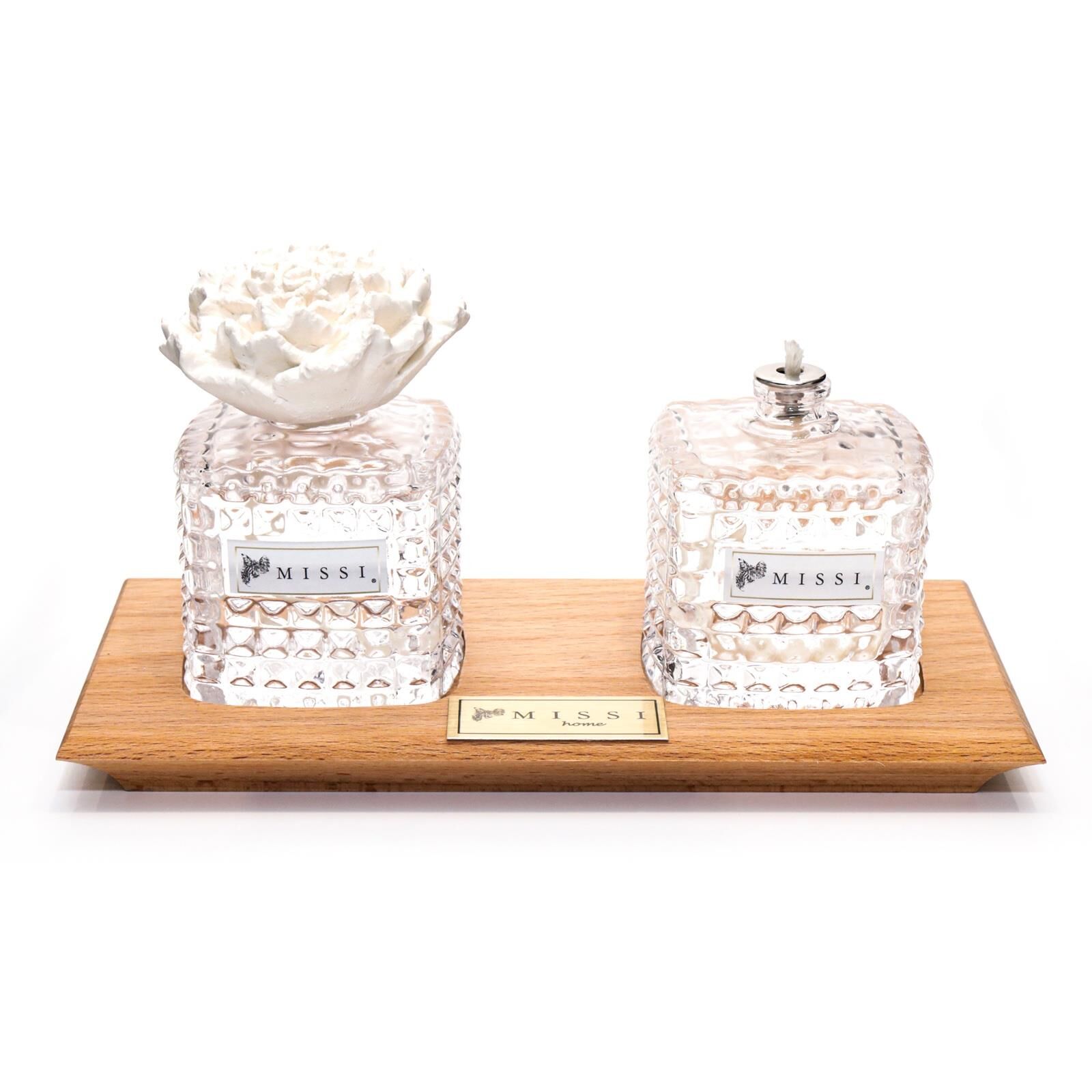 Masif Ahşap Tepsili Kare Kristal Şişe Yasemin Sandal Oda Kokusu ve Yasemin Sandal Kokulu Kandil Seti