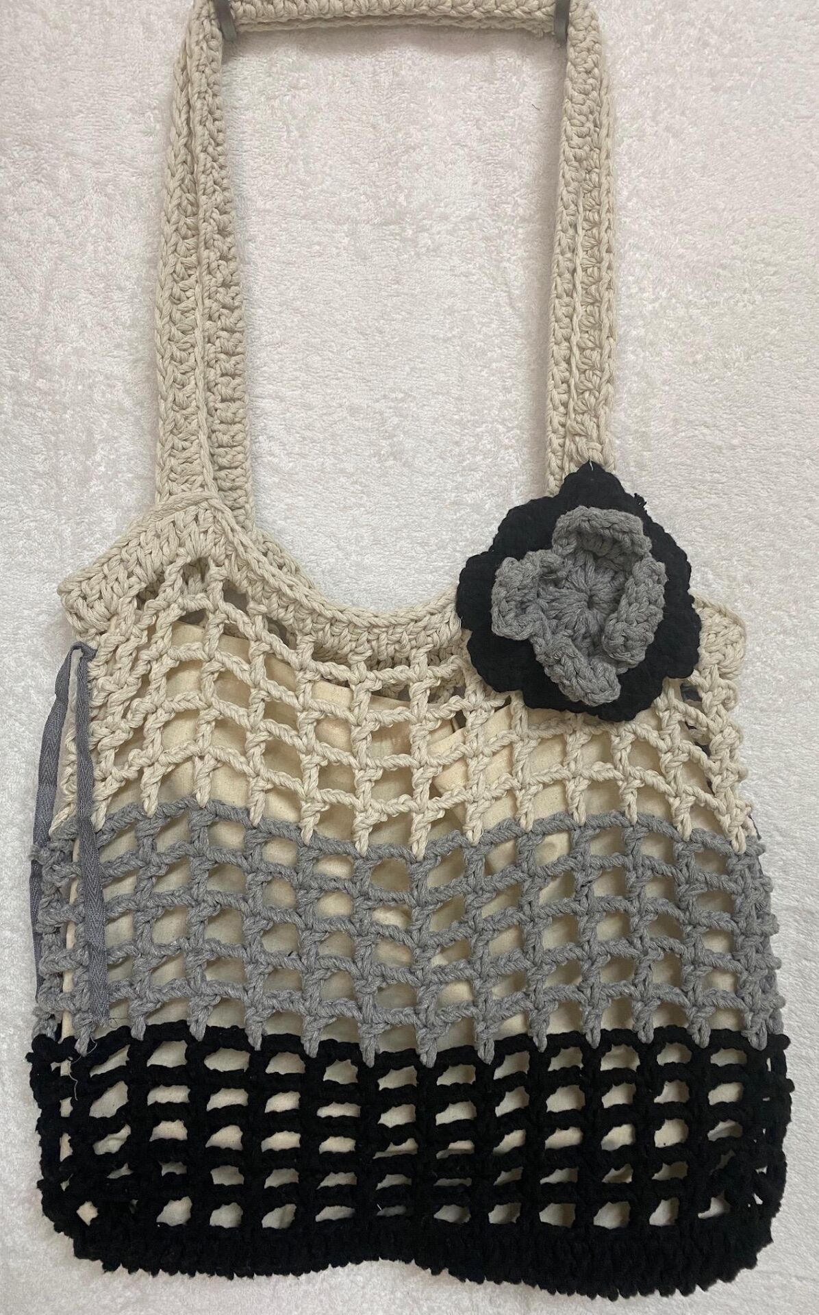 BEJ-GRİ-SİYAH ÖZEL EL ÖRGÜSÜ ASTARLI PLAJ ÇANTASI