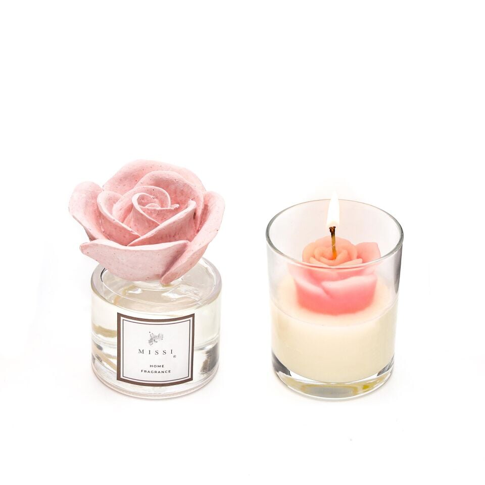 100 ml Pembe Seramik Taşlı Gül Oda Kokusu ve Mum Seti