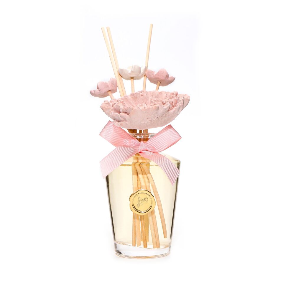 130 ml Pembe Çiçek Seramik Taş Bambu Çubuklu Garden Rose-Pudra Oda Kokusu