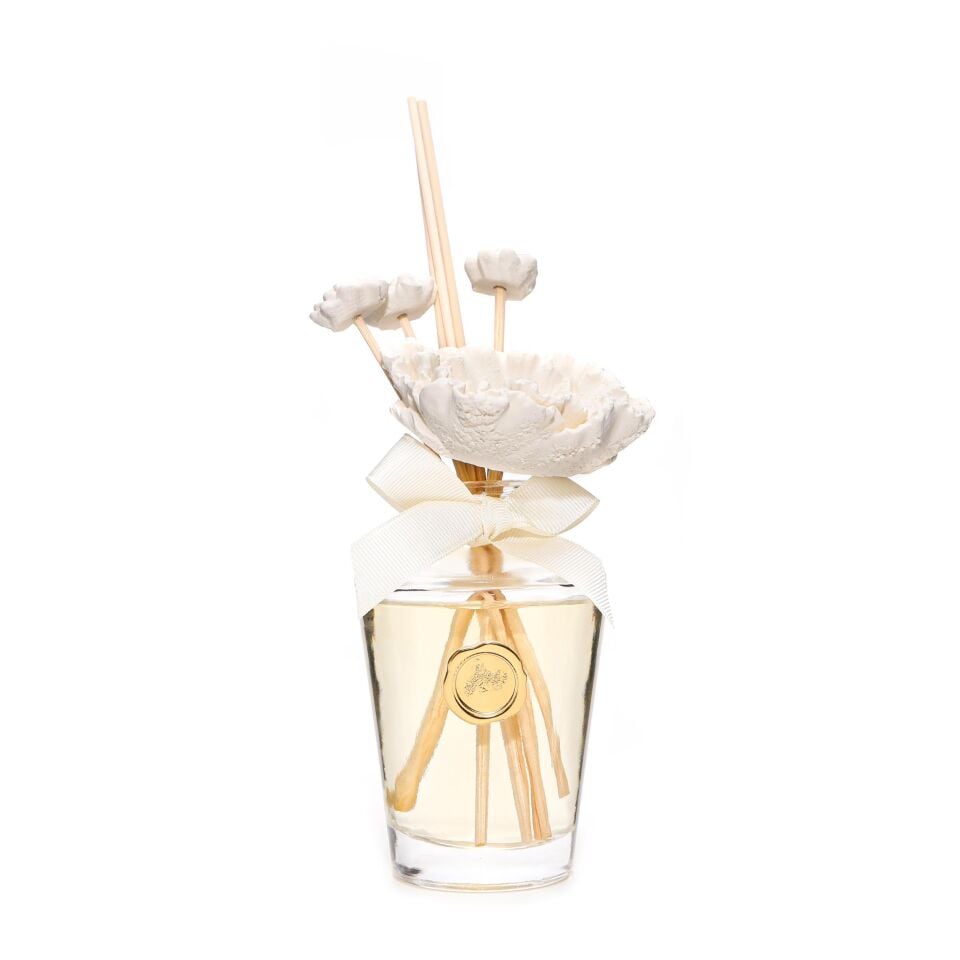 130 ml Ekru Çiçek Seramik Taş Bambu Çubuklu Black Vanilya Oda Kokusu