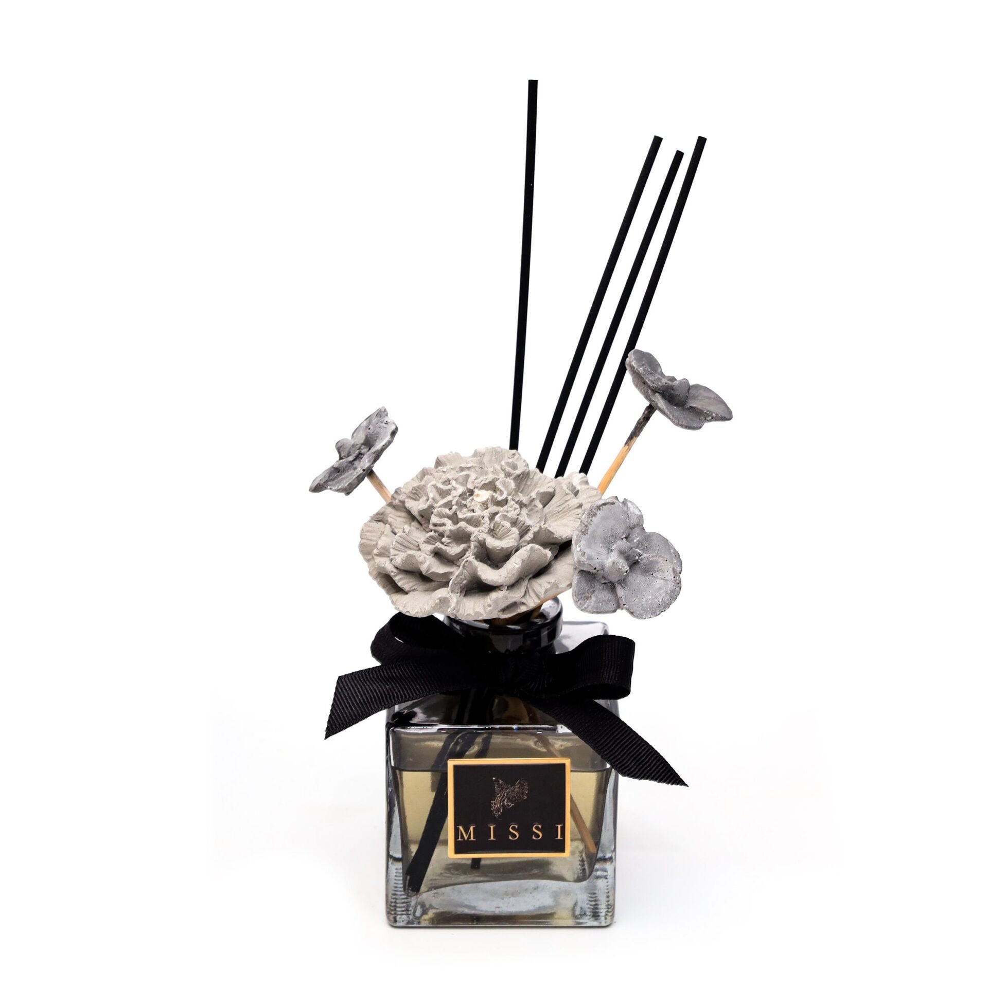 220 ml Siyah Kare Cam Şişe Seramik Çiçek Taş Bambu Çubuklu Vanilya Sandal Oda Kokusu