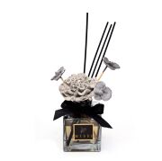 220 ml Siyah Kare Cam Şişe Seramik Çiçek Taş Bambu Çubuklu Vanilya Sandal Oda Kokusu