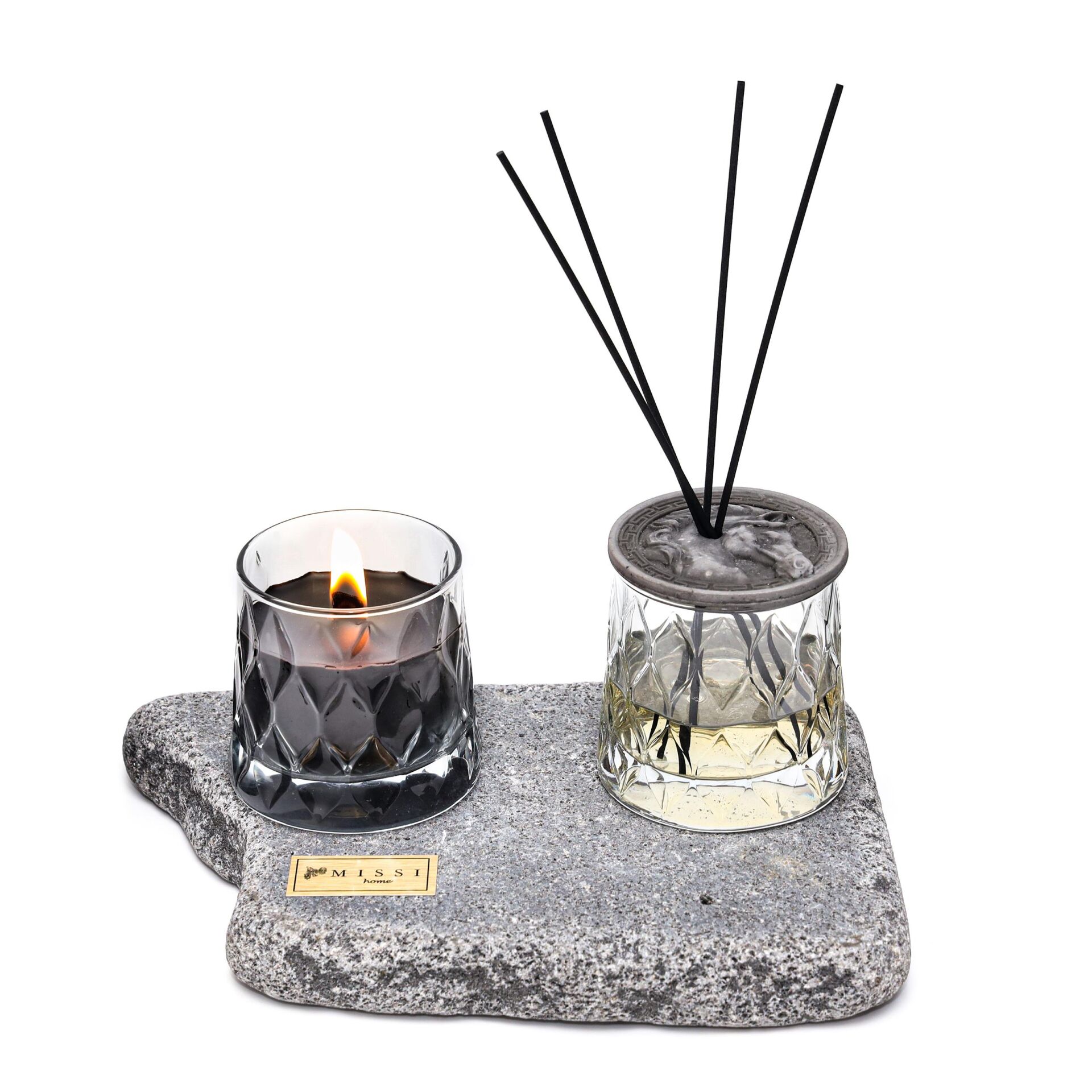Gri Mermer Kaideli Kristal Şişe Black Vanilya Oda Kokusu ve Vegan Mum Seti