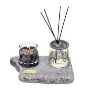 Gri Mermer Kaideli Kristal Şişe Black Vanilya Oda Kokusu ve Vegan Mum Seti