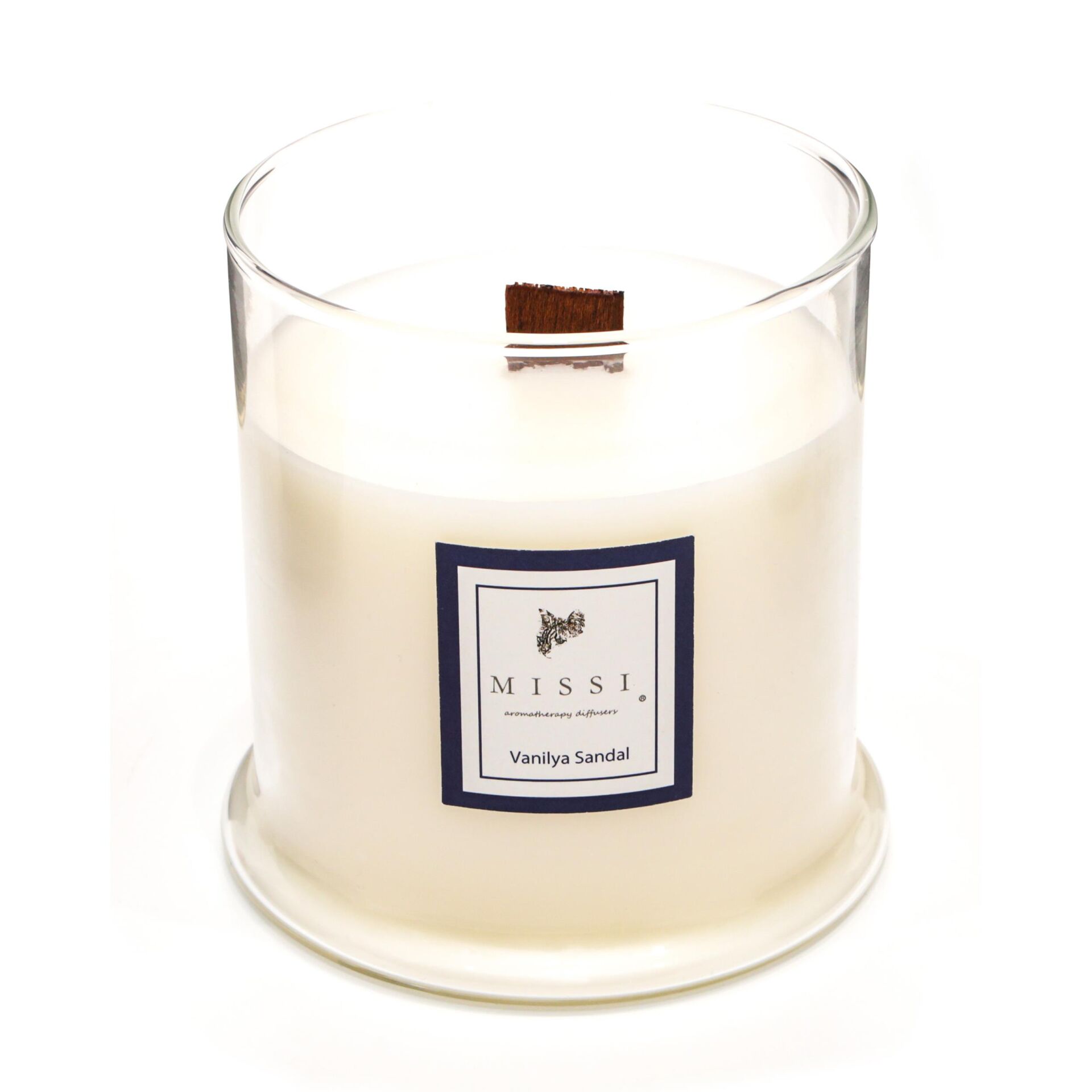 Büyük Üfleme Cam Ahşap Fitilli Vanilya Sandal Vegan Mum(380 gr)