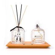 Masif Ahşap Tepsili Oval Kristal Şişe Vanilya Sandal Oda Kokusu Ve Vanilya Sandal Kokulu Kandil Seti