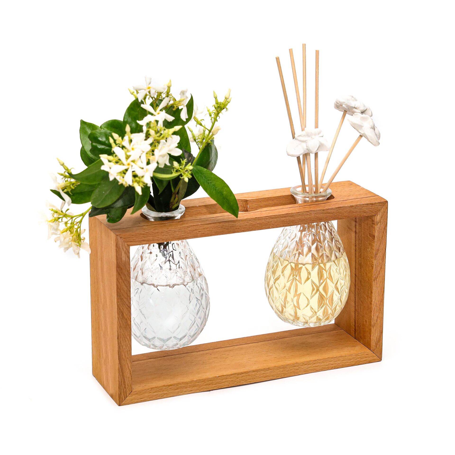 Masif Ahşap Standlı Vanilya Sandal Oda Kokusu ve Vazo Seti