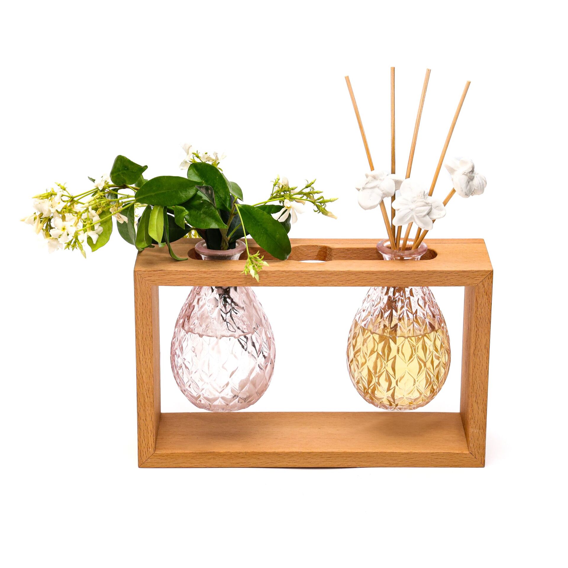 Masif Ahşap Standlı Pembe Cam Hanımeli Oda Kokusu ve Vazo Seti