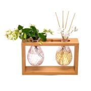 Masif Ahşap Standlı Pembe Cam Hanımeli Oda Kokusu ve Vazo Seti