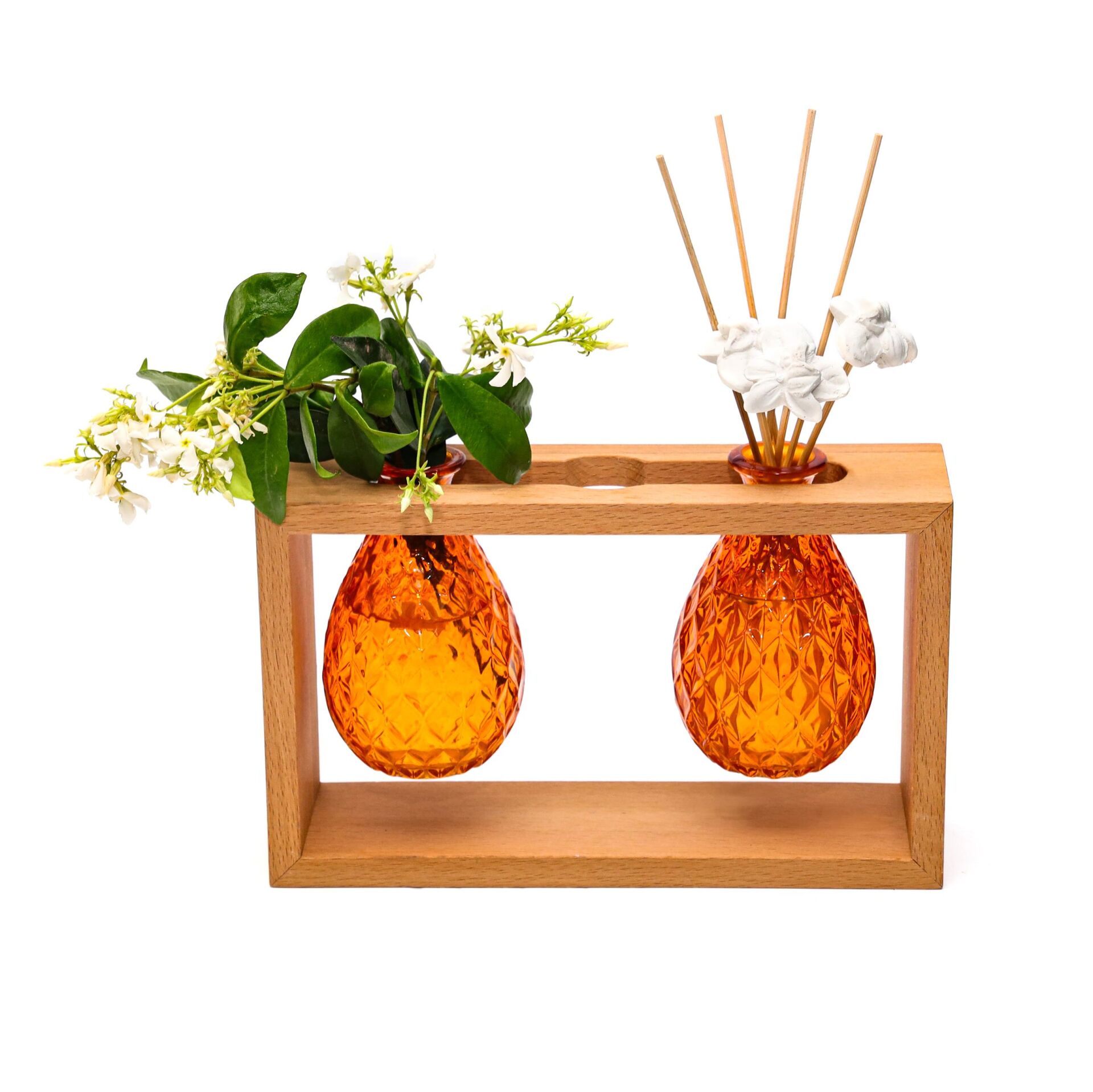 Masif Ahşap Standlı Turuncu Cam İncir-Nar Oda Kokusu ve Vazo Seti