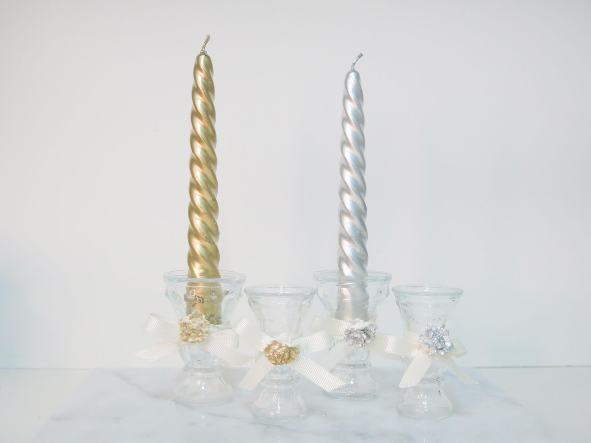 Wedding 4'lü Gold ve Gümüş Burgulu Şamdan Mum Seti