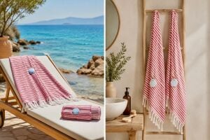 Ege Esintisi İnce Peştemal - Kırmızı Çizgili - Pamuk Plaj, Havuz ve Hamam Peştemali