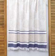 Lacivert Şeritli Mercan Jakarlı Bej Pamuk Peştemal
