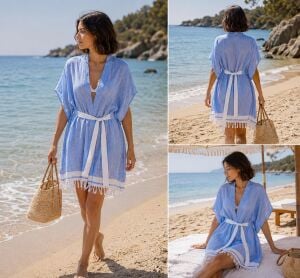 Ege Esintisi Beyaz Kuşaklı Mavi Pamuk Peştemal Kimono