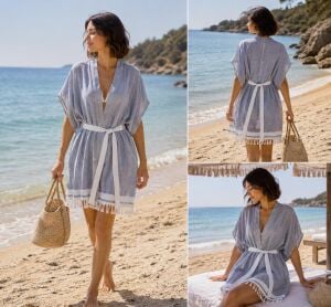 Ege Esintisi Beyaz Kuşaklı Gri Pamuk Peştemal Kimono