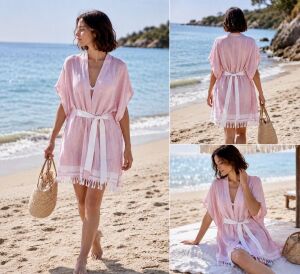 Ege Esintisi Beyaz Kuşaklı Pembe Pamuk Peştemal Kimono
