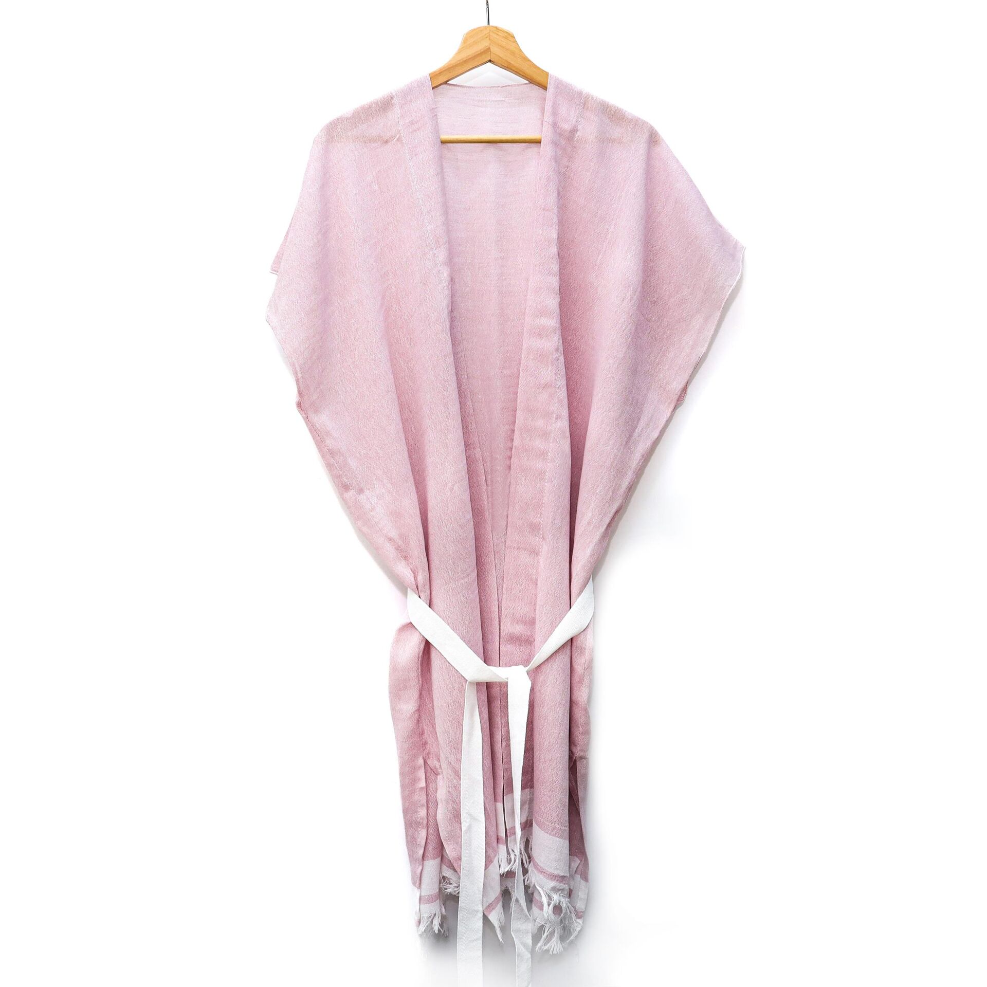 Beyaz Kuşaklı Pembe Pamuk Peştemal Kimono