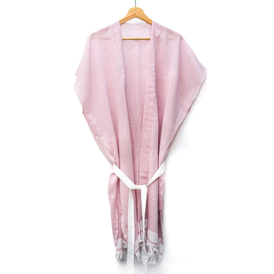 Beyaz Kuşaklı Pembe Pamuk Peştemal Kimono