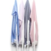 Beyaz Kuşaklı Pembe Pamuk Peştemal Kimono