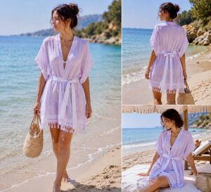 Beyaz Kuşaklı Açık Pembe Pamuk Peştemal Kimono