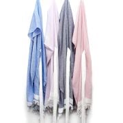 Beyaz Kuşaklı Açık Pembe Pamuk Peştemal Kimono