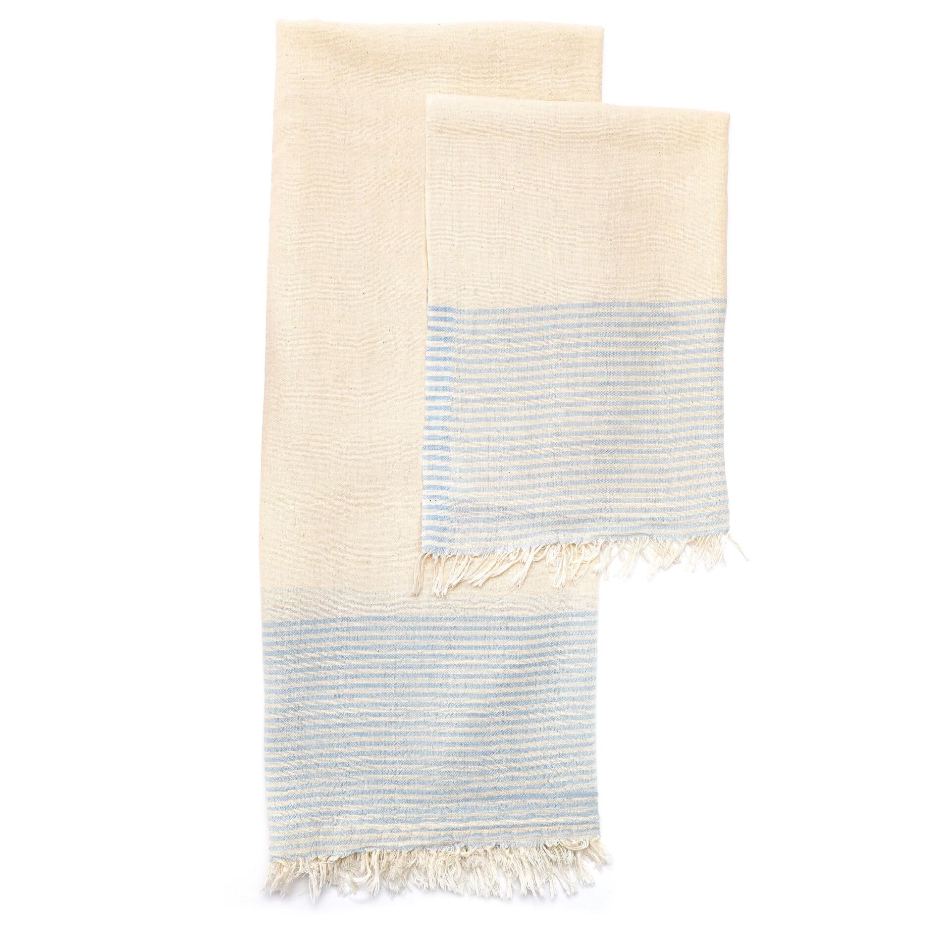 Ekru Renk Mavi çizgili Pamuk Peşkir ve Peştemal Seti